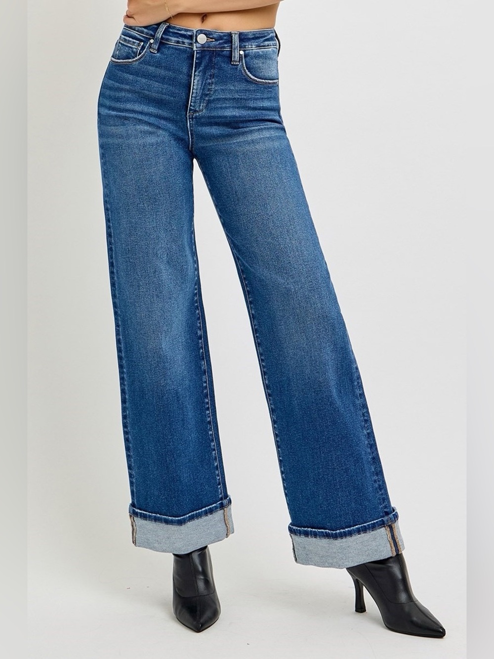 PW21046 DARK Risen Tummy Control High Rise Cuffed Wide Jeans